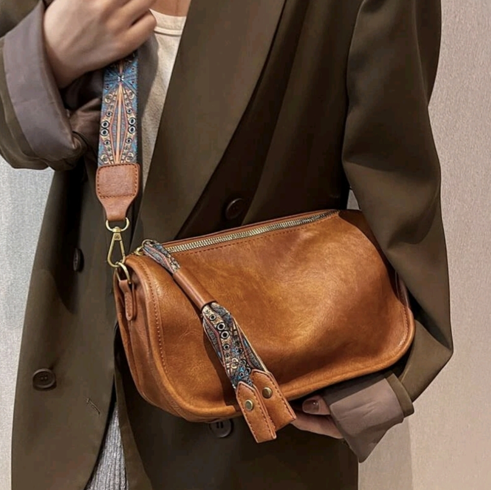 Pattern Strap Zipper Crossbody Hobo Bag, Stylish Vintage Shoulder Bag.